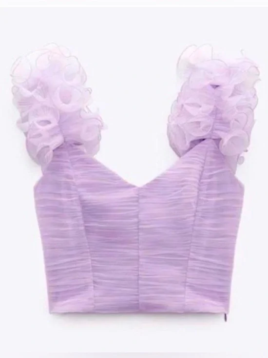 Zara Lilac Tulle Ruffle Strap Ruched Crop Top - Picture 1 of 10